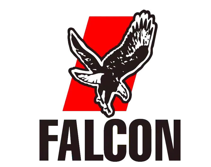 Falcon oil logo with eagle in black and white on red background.