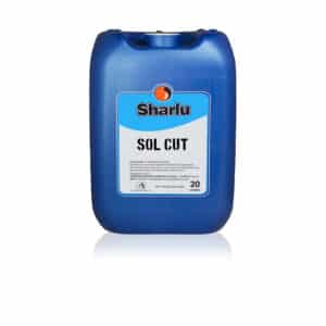 Blue container of Sharlu SOL CUT lube oil for industrial use.